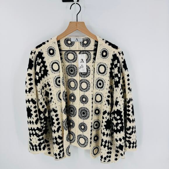 Boutique Crochet Cardigan Sweater Jacket Black Cream Open Front NWT One Size - Picture 1 of 9